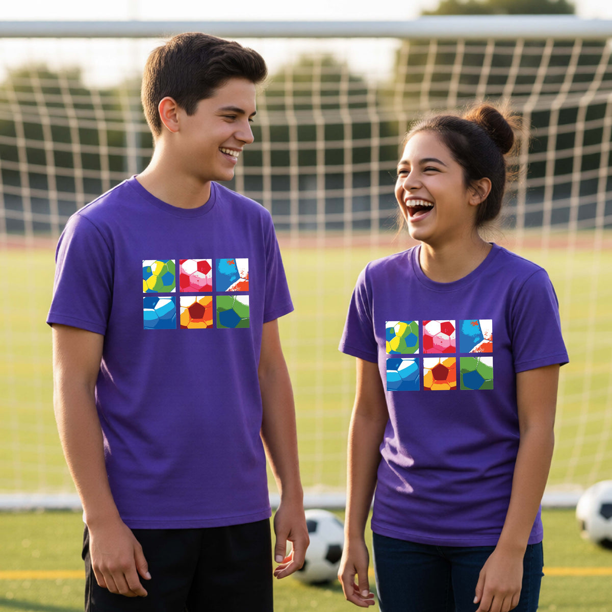 Two young athletes standing on a soccer field wearing matching purple t-shirts with a colorful geometric graphic printed on the chest of 2x3 soccer ball squares, with a soccer goal and ball in the background.