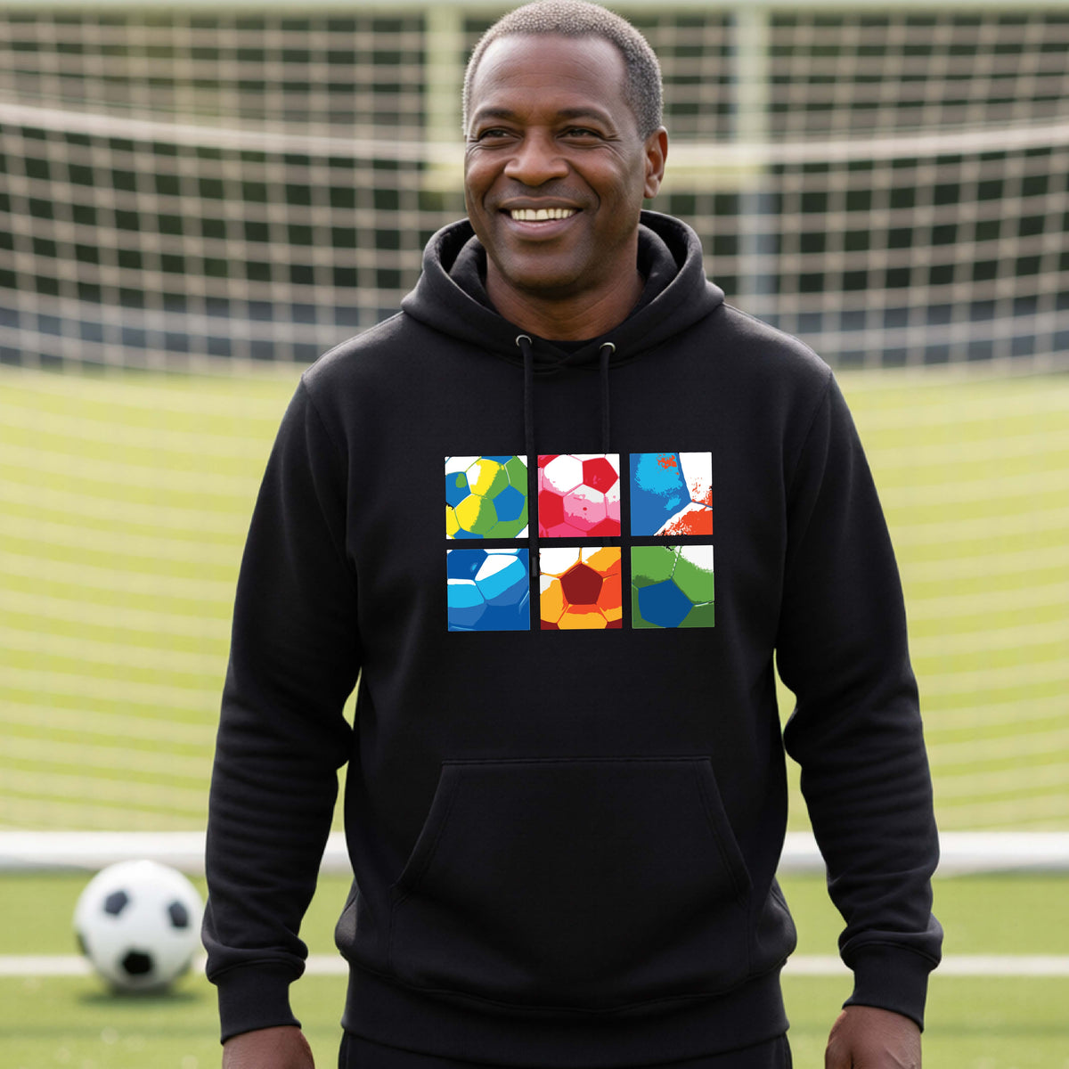 A smiling man wearing a black hoodie pullover standing on a soccer field in front of a goal net. with a colorful graphic of a 2x3 arrangement of squares of soccer balls, printed on the chest.