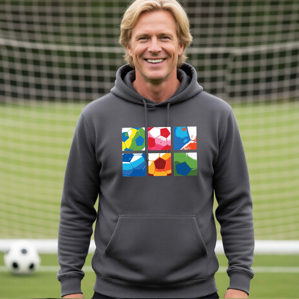 A smiling man wearing a gray hoodie pullover standing on a soccer field in front of a goal net. with a colorful graphic of a 2x3 arrangement of squares of soccer balls, printed on the chest.