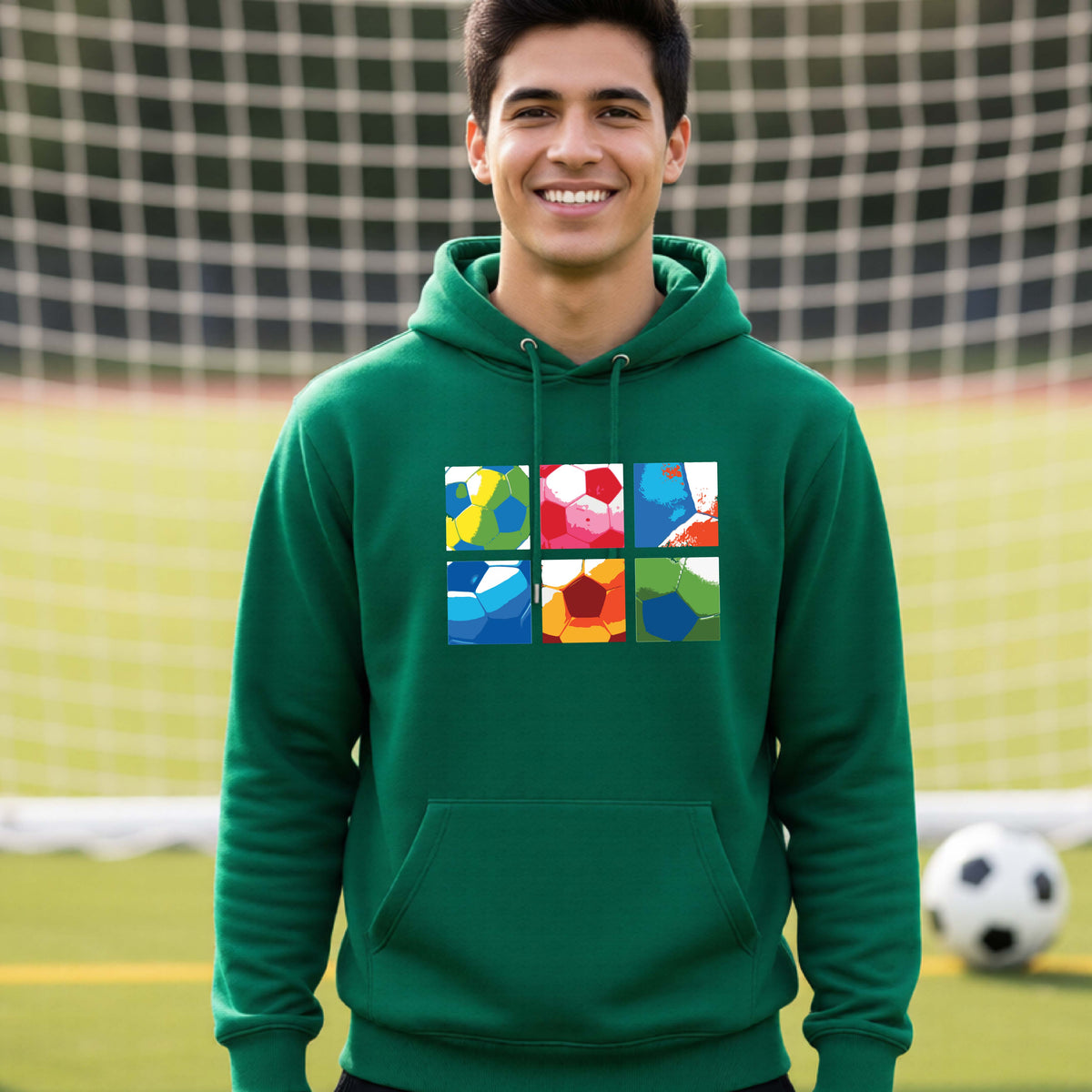 A smiling man wearing a green hoodie pullover standing on a soccer field in front of a goal net. with a colorful graphic of a 2x3 arrangement of squares of soccer balls, printed on the chest.