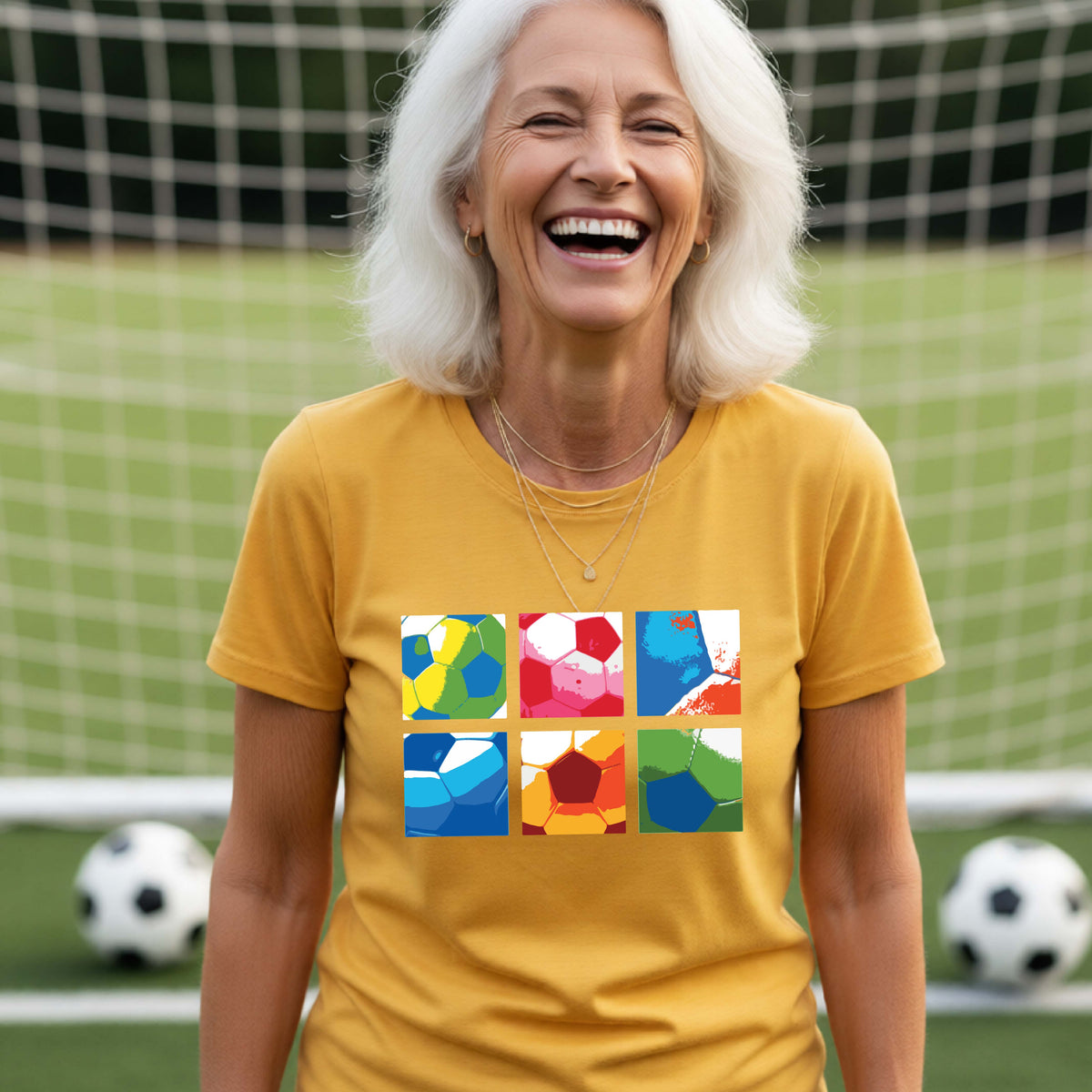 A smiling woman wearing a gold short-sleeve t-shirt standing on a soccer field in front of a goal net. with a colorful graphic of a 2x3 arrangement of squares of soccer balls, printed on the chest.