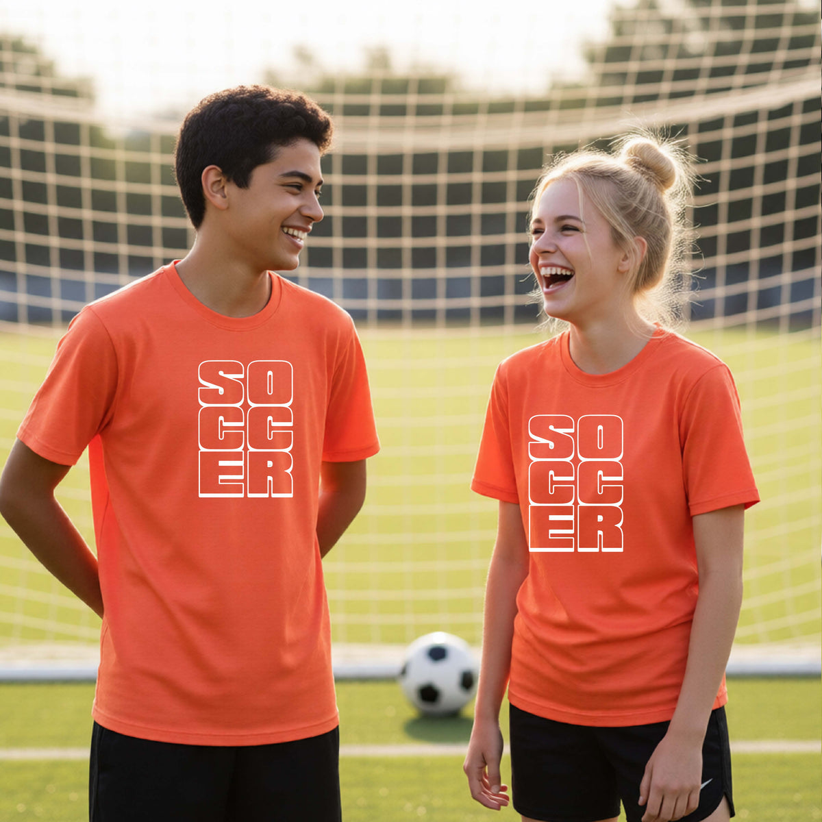 Two young athletes wearing matching orange t-shirts, standing in front of a soccr goal and balls, with a white graphic of the word ‘SOCCER’ stacked in a 2x3 arrangement, printed on the chest.