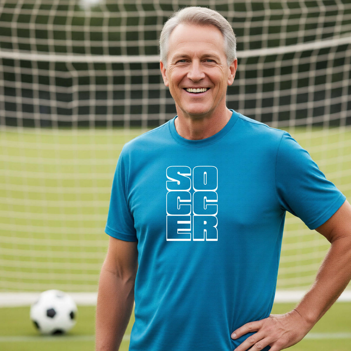 A smiling man wearing a bright blue short-sleeve t-shirt standing on a soccer field in front of a goal net. with a white graphic of the word ‘SOCCER’ stacked in a 2x3 arrangement, printed on the chest.