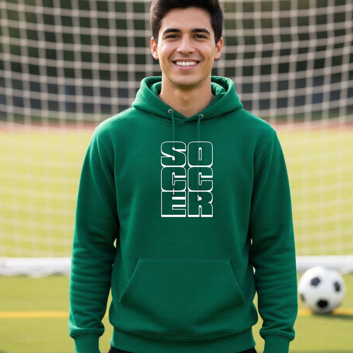 A smiling man wearing a green hoodie pullover standing on a soccer field in front of a goal net. with a white graphic of the word ‘SOCCER’ stacked in a 2x3 arrangement, printed on the chest.