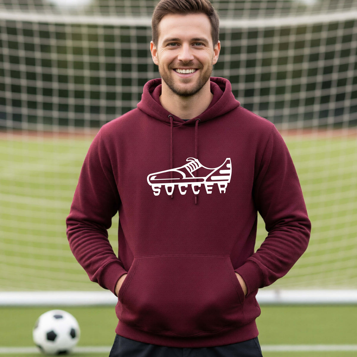A smiling man, standing on a soccer field in front of a goal net. wearing a maroon hoodie pullover with a white soccer cleat graphic and the word 'SOCCER' printed on the chest.