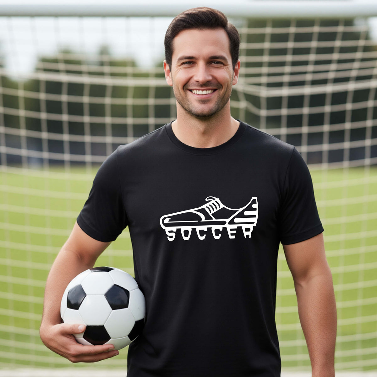 A smiling man on a soccer field wearing a black t-shirt with a white soccer cleat graphic and the word 'SOCCER' underneath, holding a black and white soccer ball in front of a soccer goal.