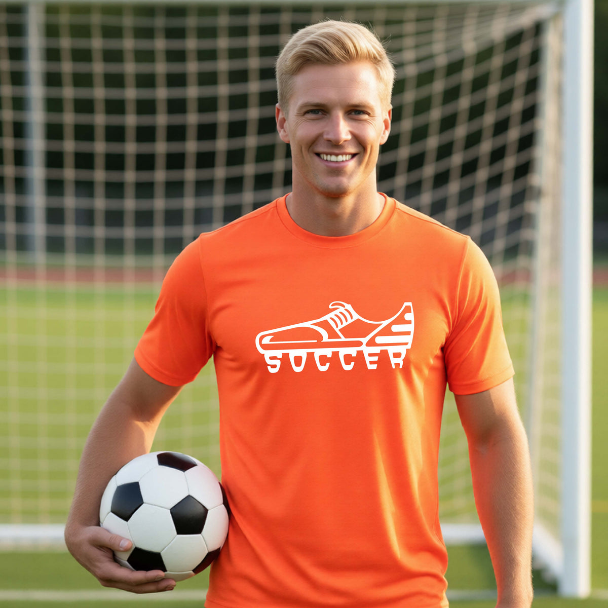 A smiling man on a soccer field wearing a bright orange t-shirt with a white soccer cleat graphic and the word 'SOCCER' underneath, holding a black and white soccer ball in front of a soccer goal.
