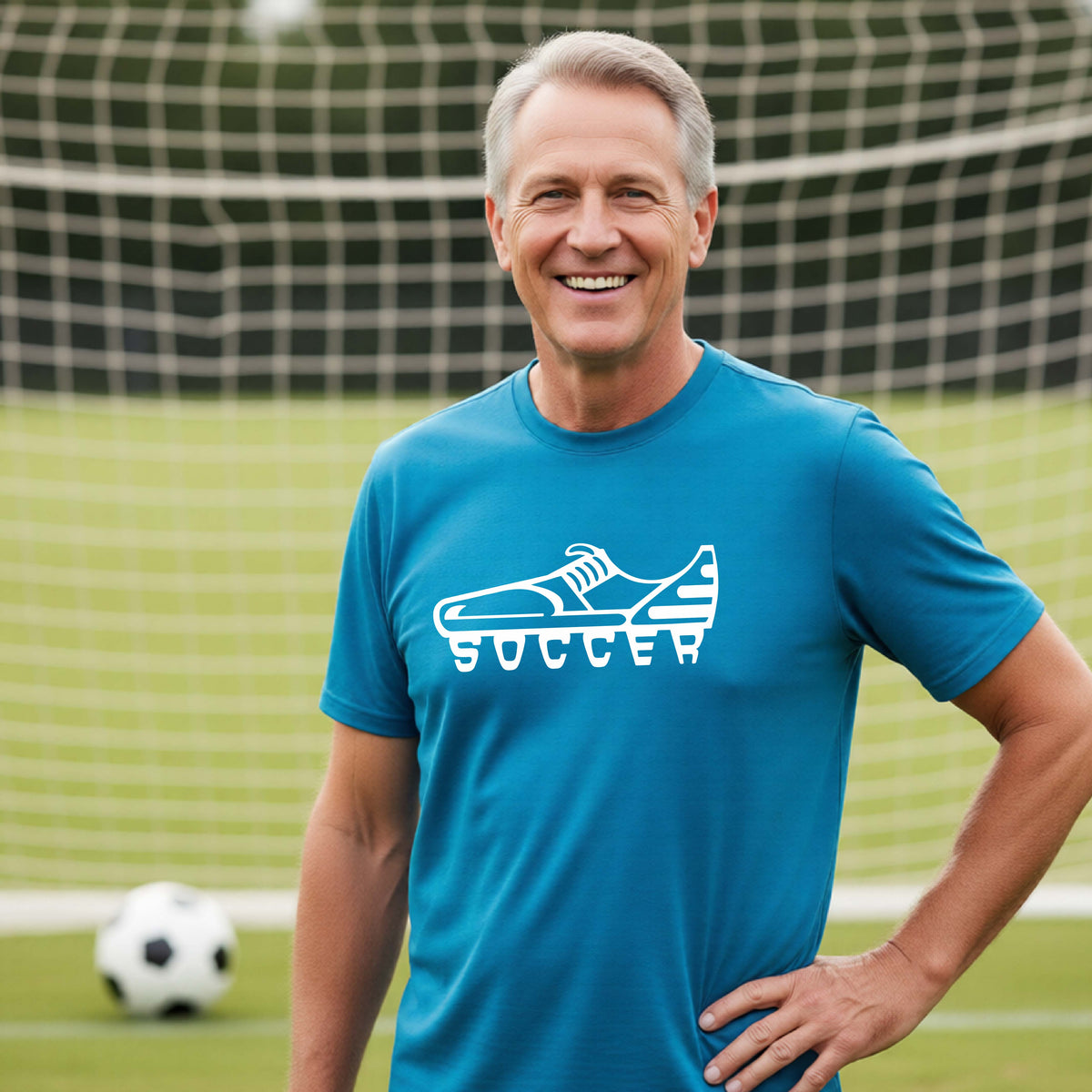 A smiling man on a soccer field wearing a teal t-shirt with a white soccer cleat graphic and the word 'SOCCER' underneath,  in front of a soccer goal.