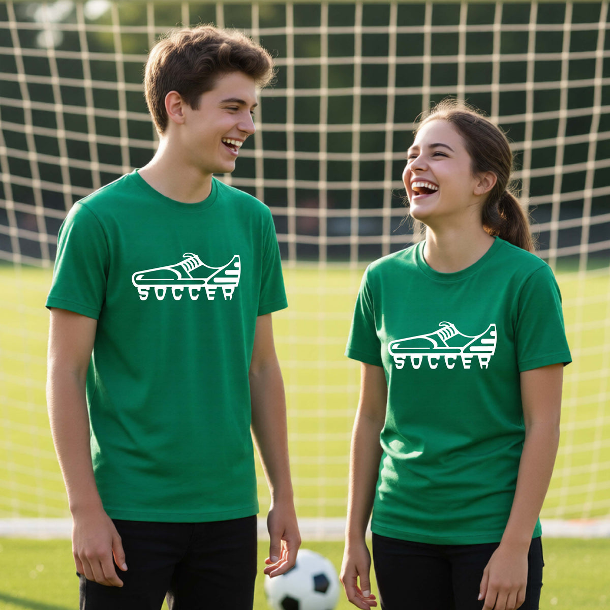 Two smiling young athletes, a boy and a girl, standing on a soccer field in front of a goal net. Both are wearing matching green t-shirts with a white soccer cleat graphic and the word 'SOCCER' printed on the chest.