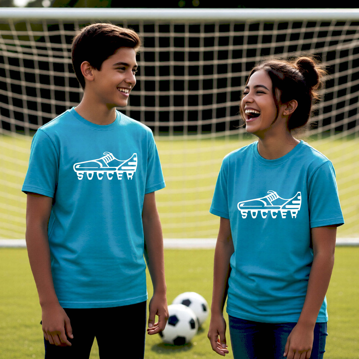 Two smiling young athletes, a boy and a girl, standing on a soccer field in front of a goal net. Both are wearing matching blue t-shirts with a white soccer cleat graphic and the word 'SOCCER' printed on the chest.