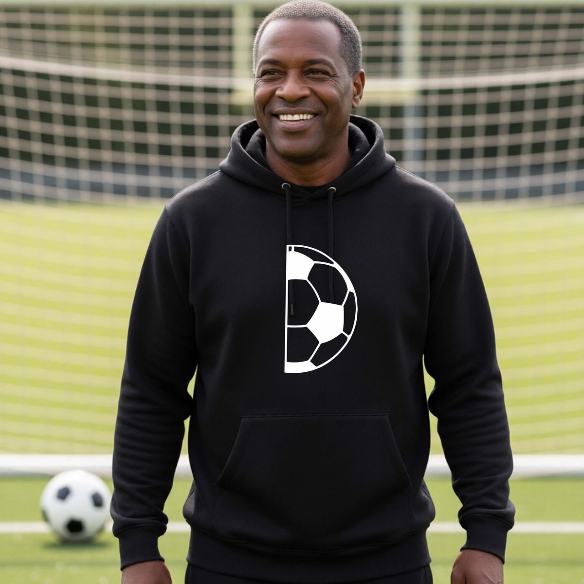 A smiling man wearing a black pullover hoodie with a white soccer ball graphic on the chest, standing on a green soccer field with a soccer goal in the background.