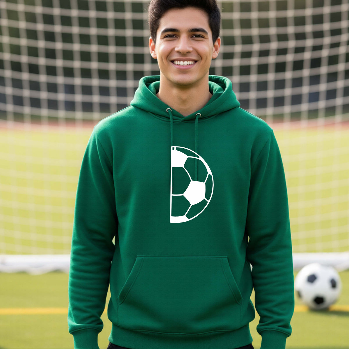 A man laughing on a soccer field wearing a green hoodie pullover with a white half soccer ball graphic inside a semicircle on the chest.