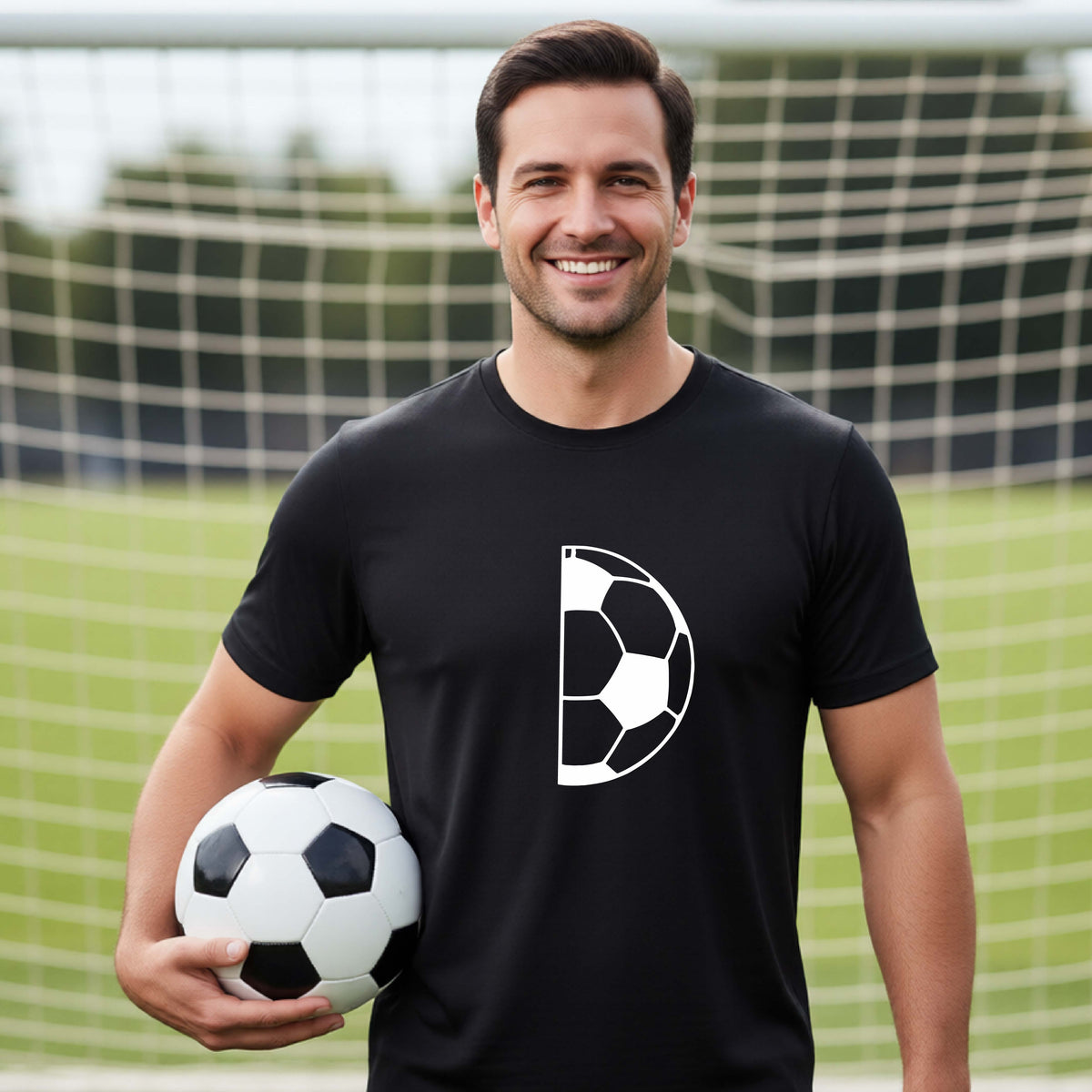 A smiling older man wearing a black short-sleeve t-shirt with a white half soccer ball graphic, standing on a green soccer field in front of a soccer goal.
