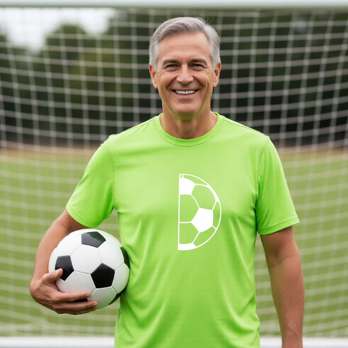 A smiling older man wearing a lime green short-sleeve t-shirt with a white half soccer ball graphic, standing on a green soccer field in front of a soccer goal.