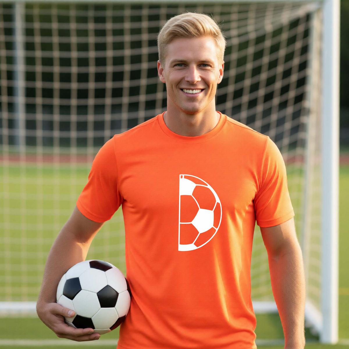 A smiling older man wearing a bright orange short-sleeve t-shirt with a white half soccer ball graphic, standing on a green soccer field in front of a soccer goal.