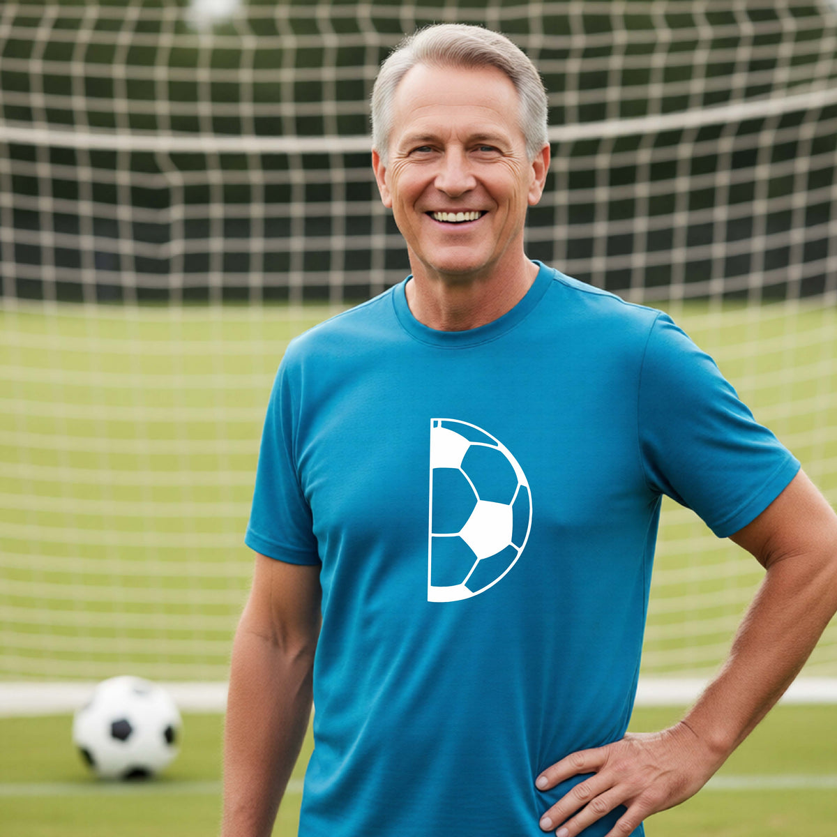 A smiling older man wearing a teal short-sleeve t-shirt with a white half soccer ball graphic, standing on a green soccer field in front of a soccer goal.