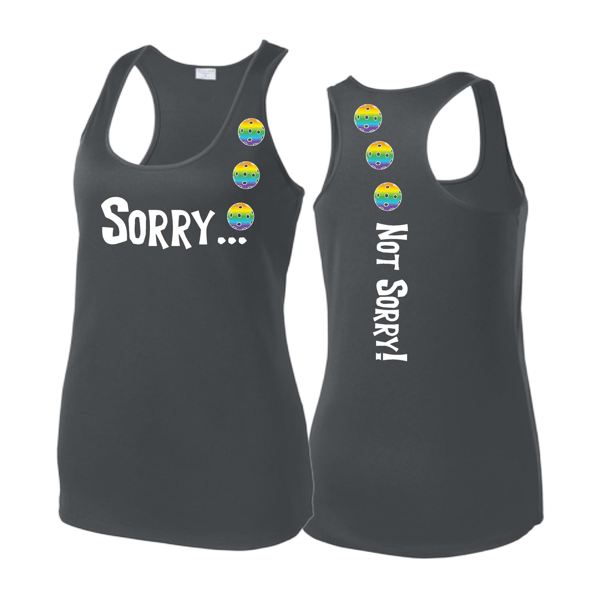 Sorry Not Sorry (Pickleballs Pink Purple Rainbow) | Women's Racerback Pickleball Tank | 100% Polyester