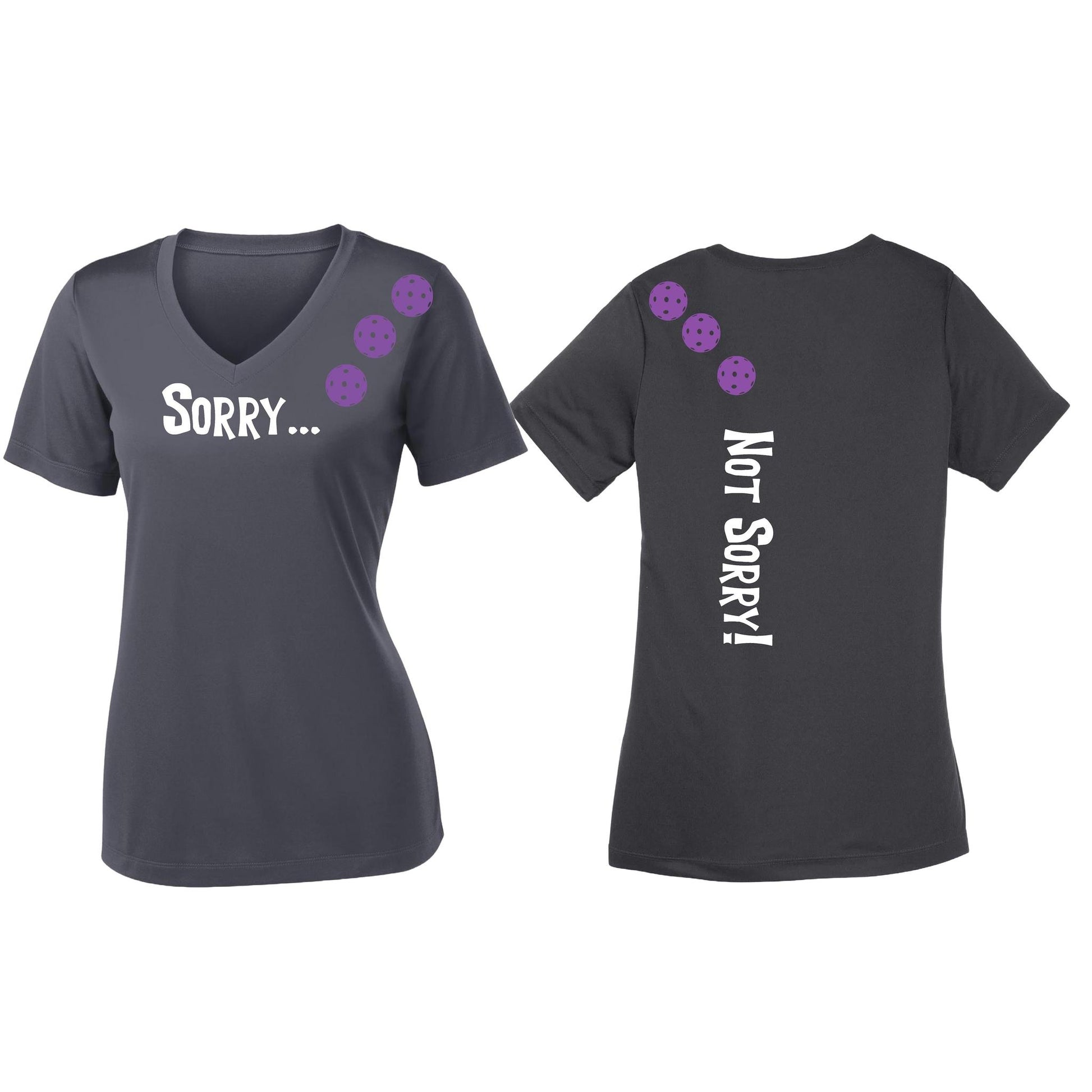 Sorry Not Sorry (Pickleballs Pink Purple Rainbow) | Women's Short Sleeve V-Neck Pickleball Performance T-Shirts | 100% Polyester
