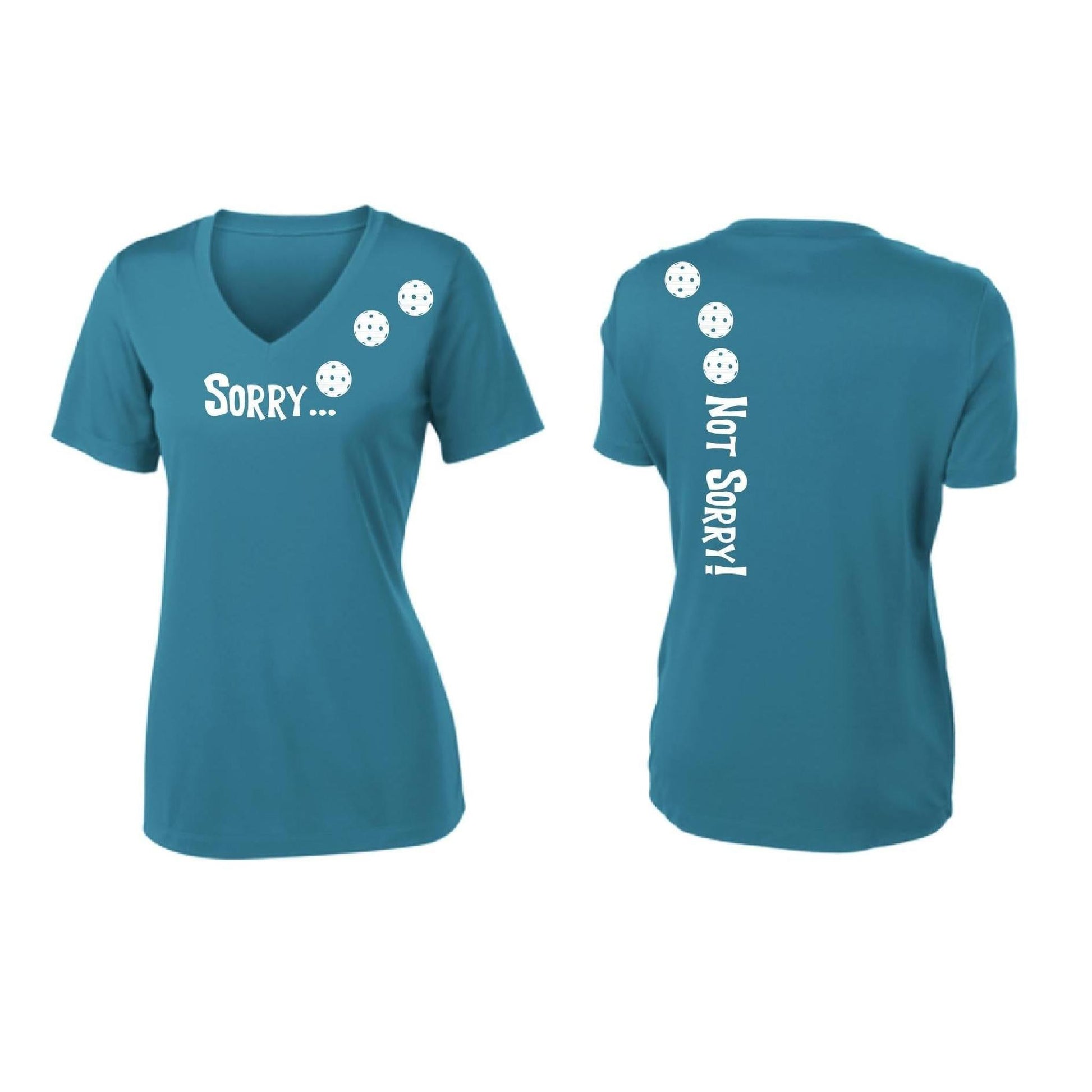 Sorry Not Sorry (Pickleballs Red White Yellow) | Women's Short Sleeve V-Neck Pickleball Performance T-Shirts | 100% Polyester