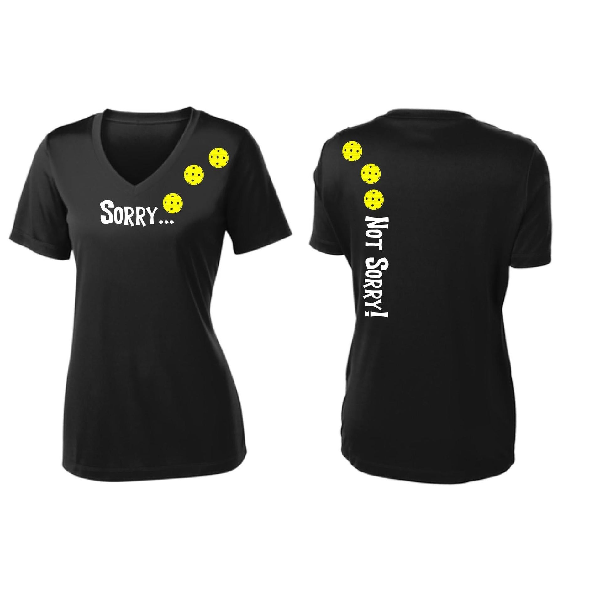 Sorry Not Sorry (Pickleballs Red White Yellow) | Women's Short Sleeve V-Neck Pickleball Performance T-Shirts | 100% Polyester