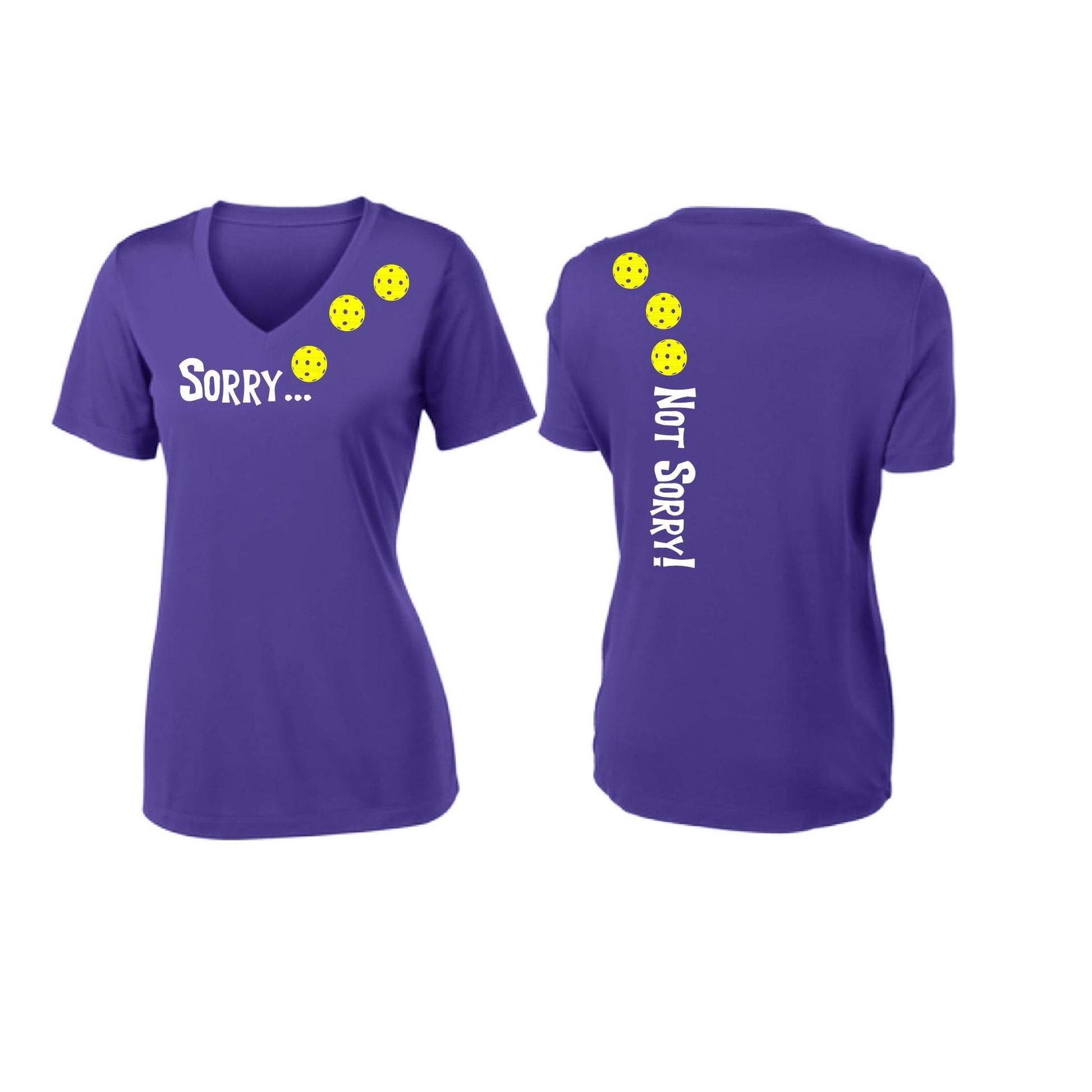Sorry Not Sorry (Pickleballs Red White Yellow) | Women's Short Sleeve V-Neck Pickleball Performance T-Shirts | 100% Polyester