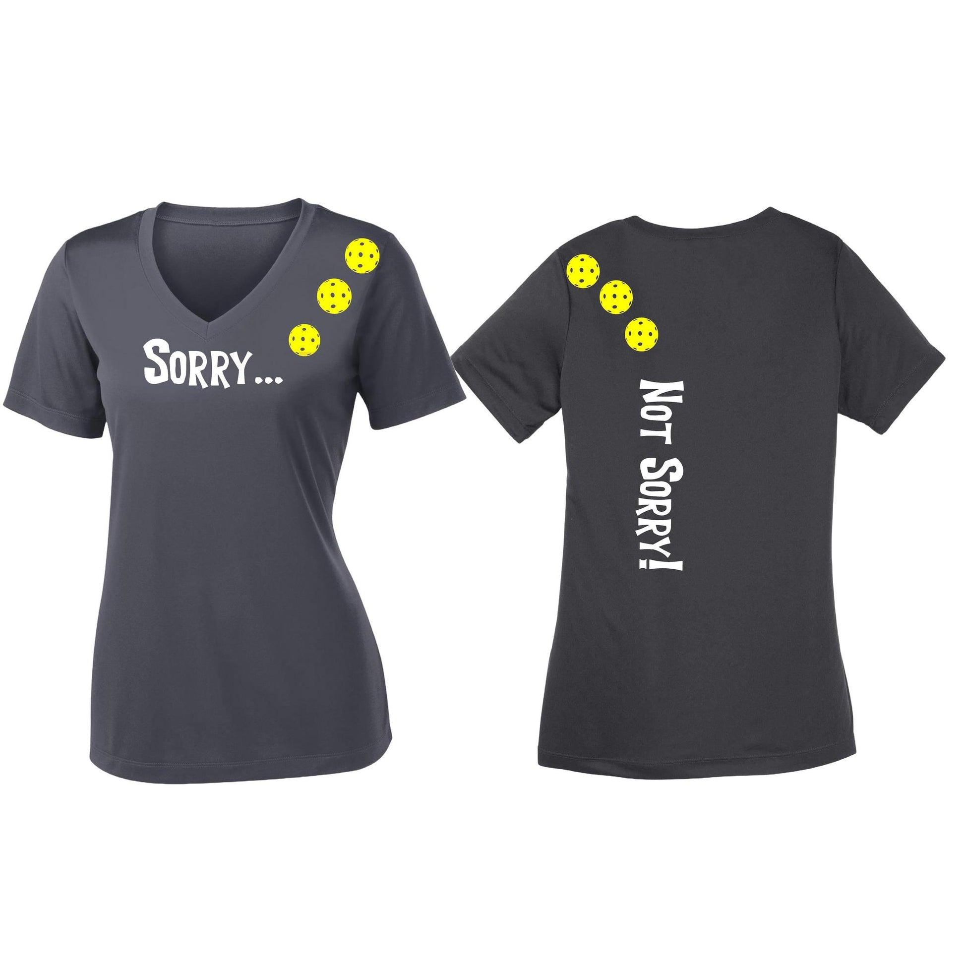 Sorry Not Sorry (Pickleballs Red White Yellow) | Women's Short Sleeve V-Neck Pickleball Performance T-Shirts | 100% Polyester