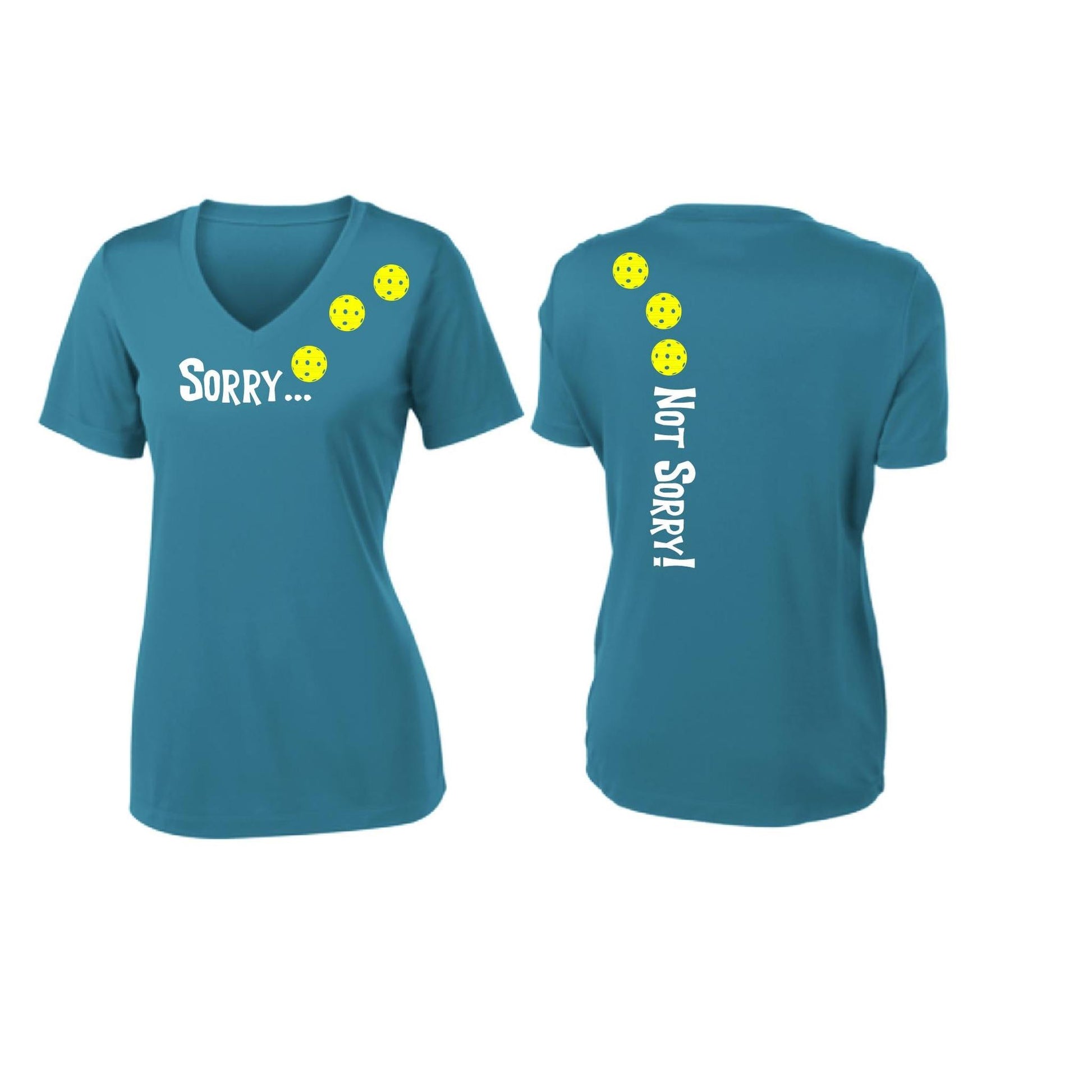 Sorry Not Sorry (Pickleballs Red White Yellow) | Women's Short Sleeve V-Neck Pickleball Performance T-Shirts | 100% Polyester
