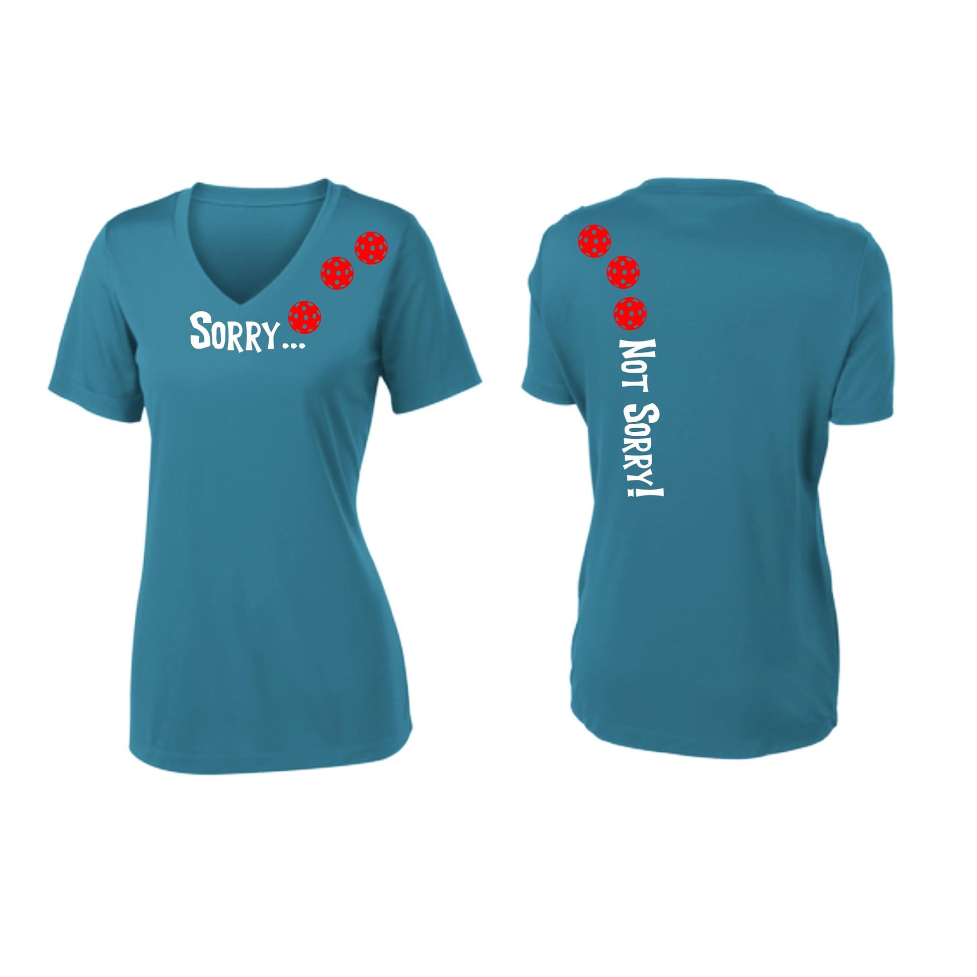 Sorry Not Sorry (Pickleballs Red White Yellow) | Women's Short Sleeve V-Neck Pickleball Performance T-Shirts | 100% Polyester