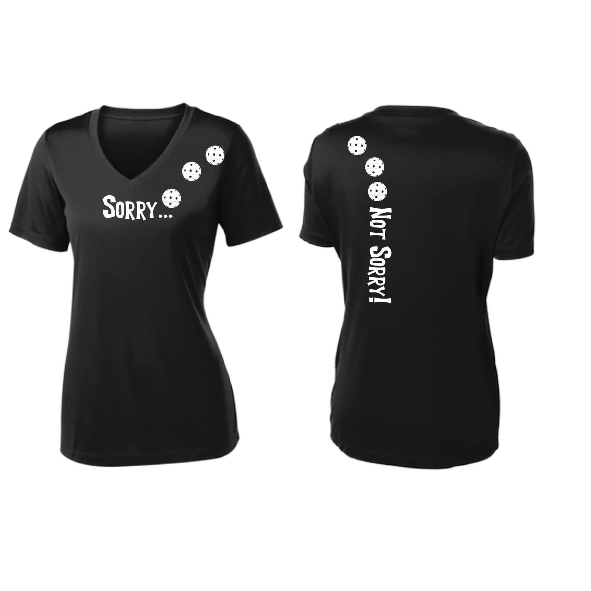 Sorry Not Sorry (Pickleballs Red White Yellow) | Women's Short Sleeve V-Neck Pickleball Performance T-Shirts | 100% Polyester