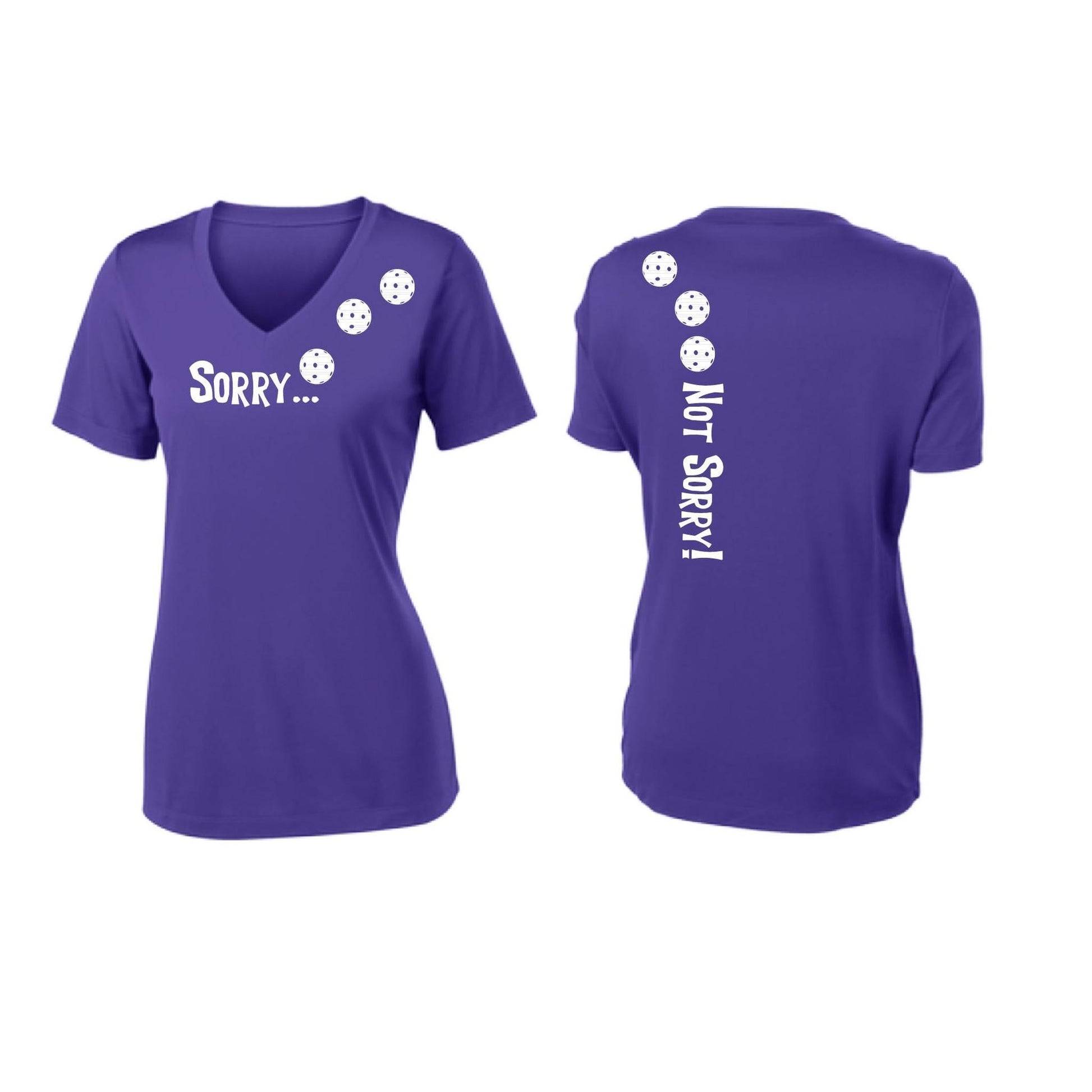 Sorry Not Sorry (Pickleballs Red White Yellow) | Women's Short Sleeve V-Neck Pickleball Performance T-Shirts | 100% Polyester