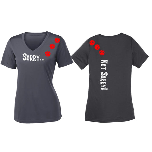 Sorry Not Sorry (Pickleballs Red White Yellow) | Women's Short Sleeve V-Neck Pickleball Performance T-Shirts | 100% Polyester