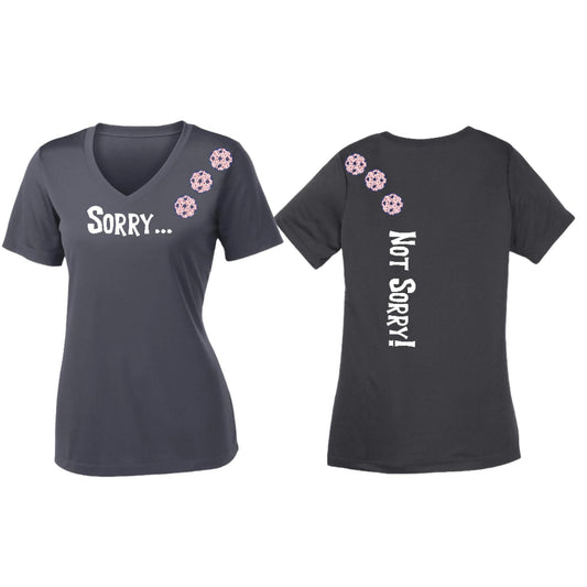 Sorry Not Sorry (Pickleballs With Stars) | Women's Short Sleeve V-Neck Pickleball Performance T-Shirts | 100% Polyester