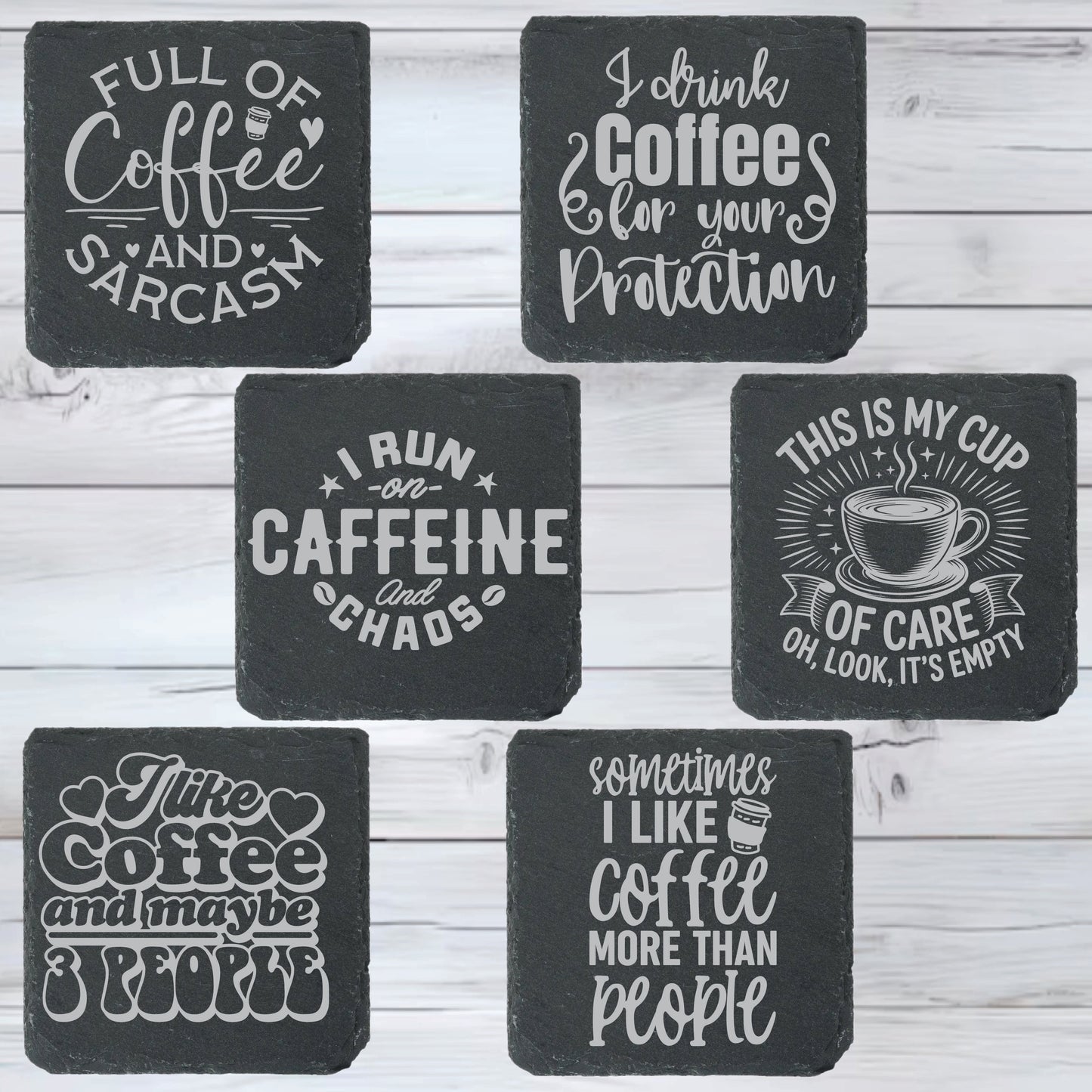 Coffee Lovers Slate Stone Coasters | Set of Six Round or Square & Metal Holder | Funny Coffee Sayings
