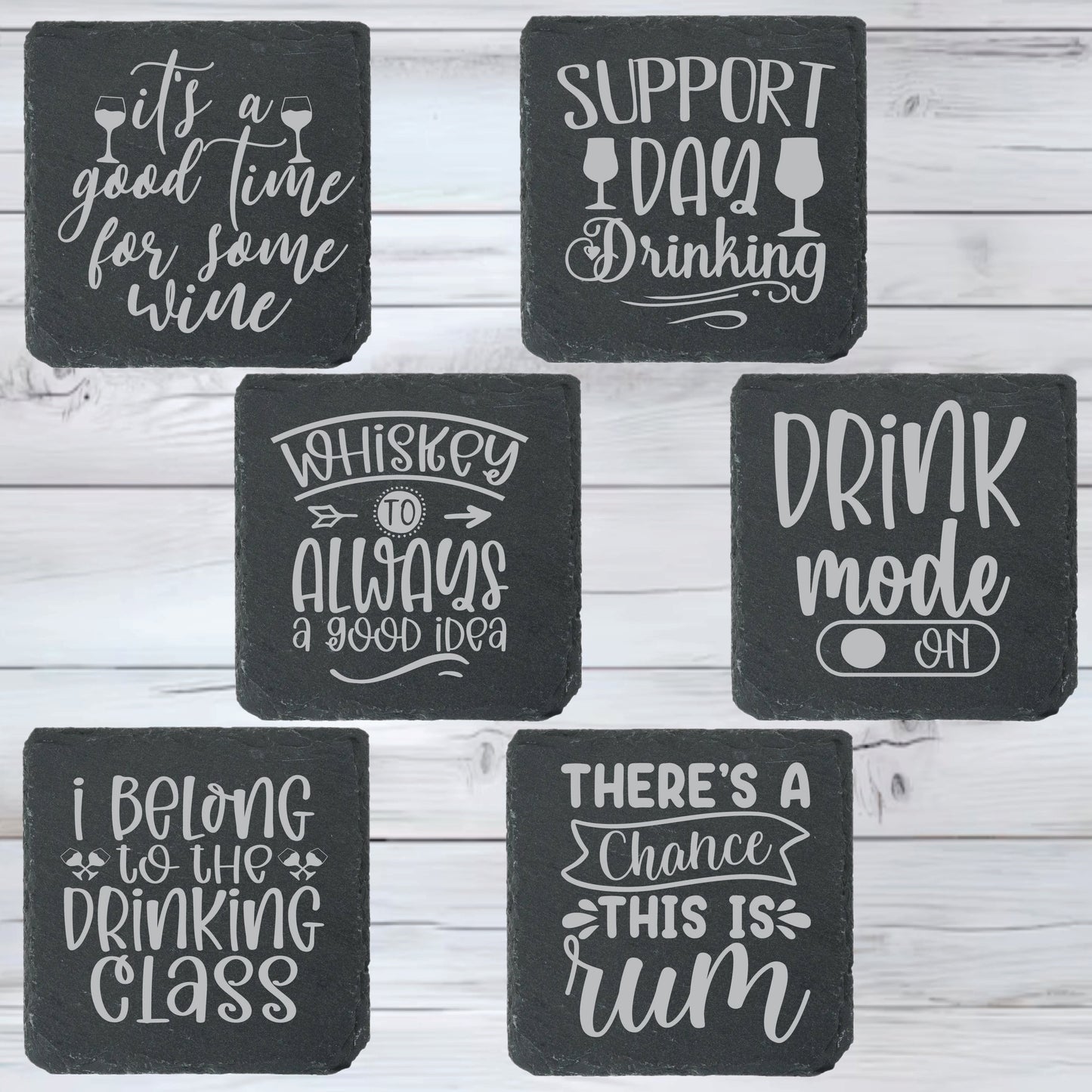 Happy Hours Alcohol Slate Stone Coasters | Set of Six Round or Square & Metal Holder | Funny Drink Sayings
