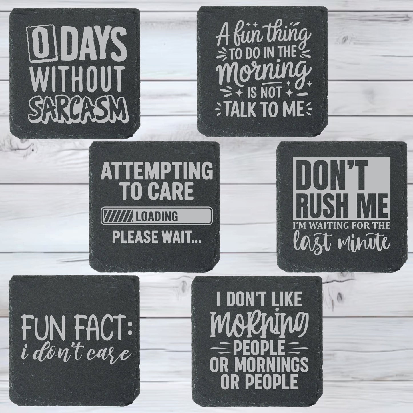 Sarcasm Slate Stone Coasters | Set of Six Round or Square & Metal Holder | Funny Sarcastic Coasters
