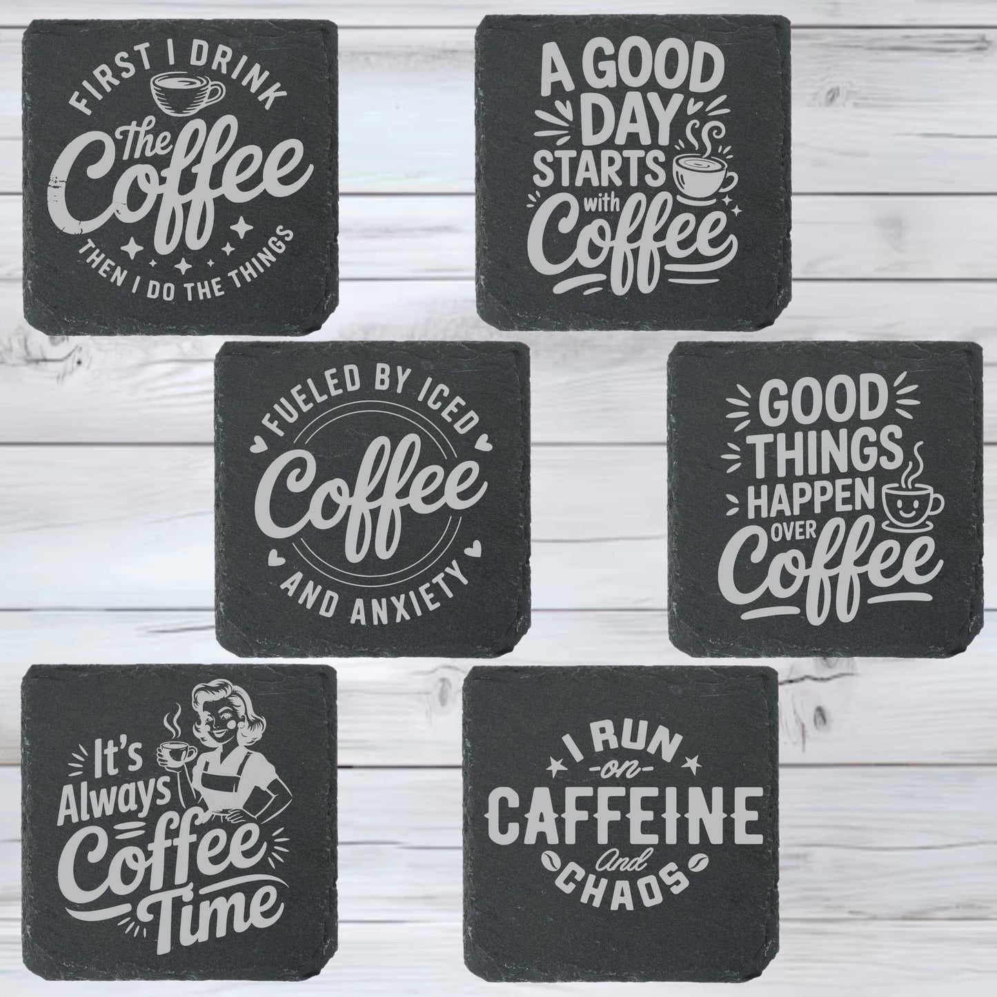 Coffee Lovers Slate Stone Coasters | Set of Six Round or Square & Metal Holder | Funny Coffee Sayings