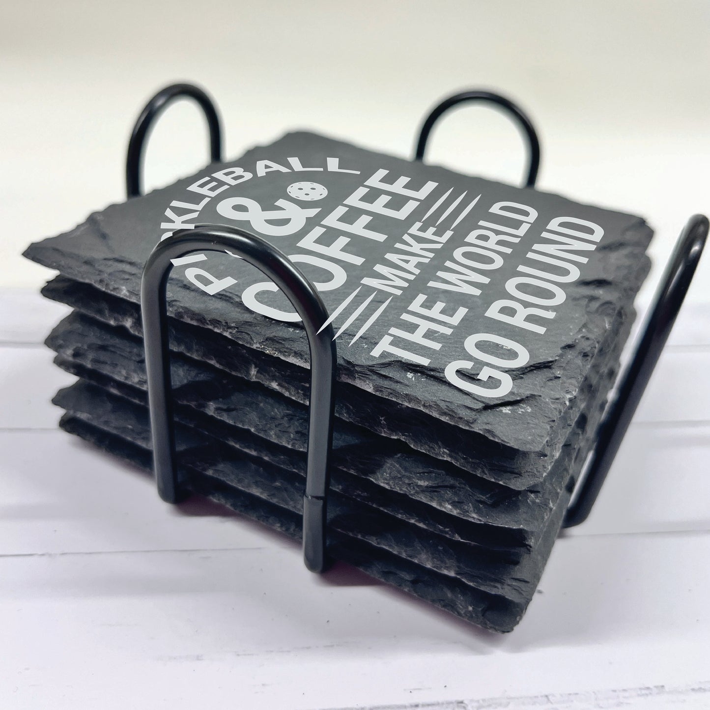 Pickleball Slate Stone Coasters | Set of Six Coasters Round or Square & Metal Holder | Stone Coasters