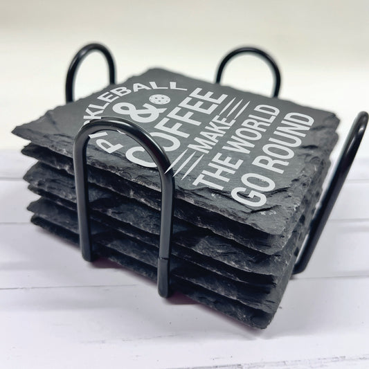 Pickleball Slate Stone Coasters | Set of Six Coasters Round or Square & Metal Holder | Stone Coasters