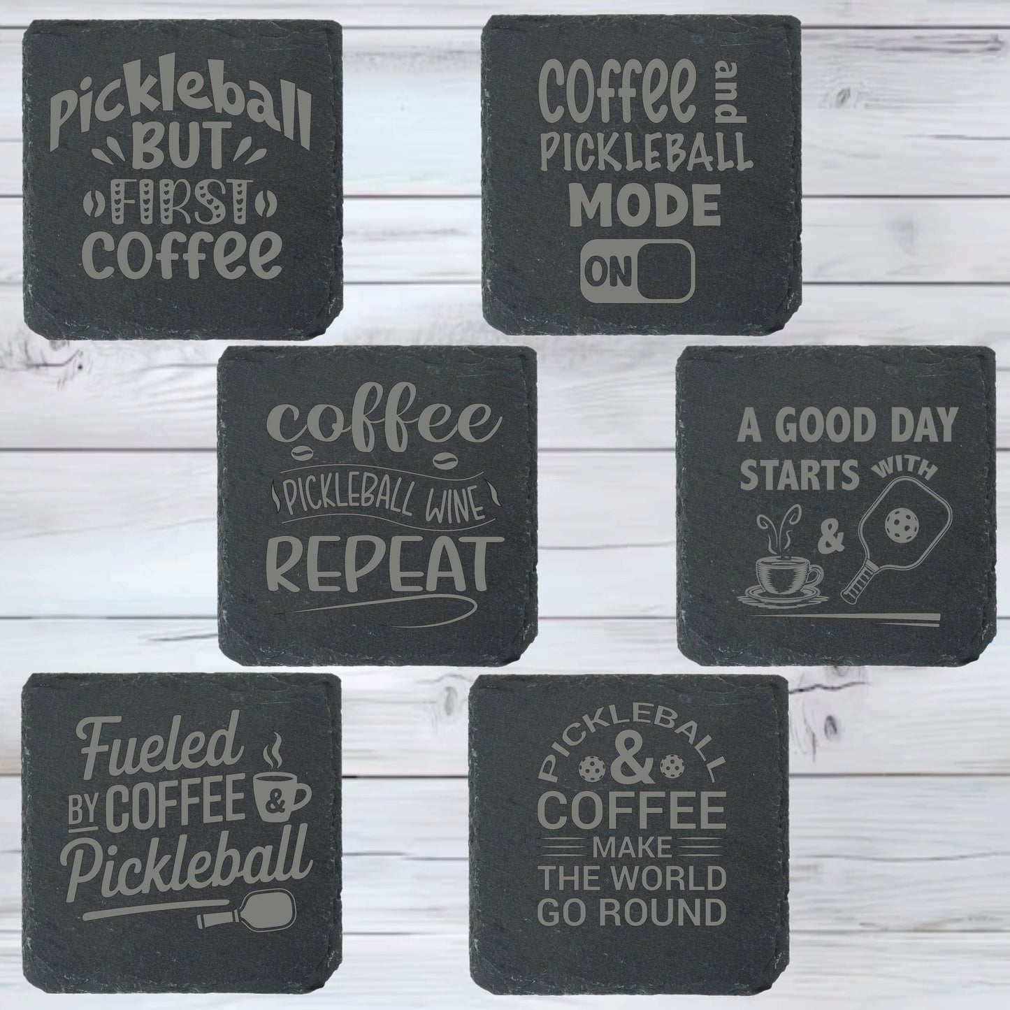 Pickleball Slate Stone Coasters | Set of Six Coasters Round or Square & Metal Holder | Stone Coasters