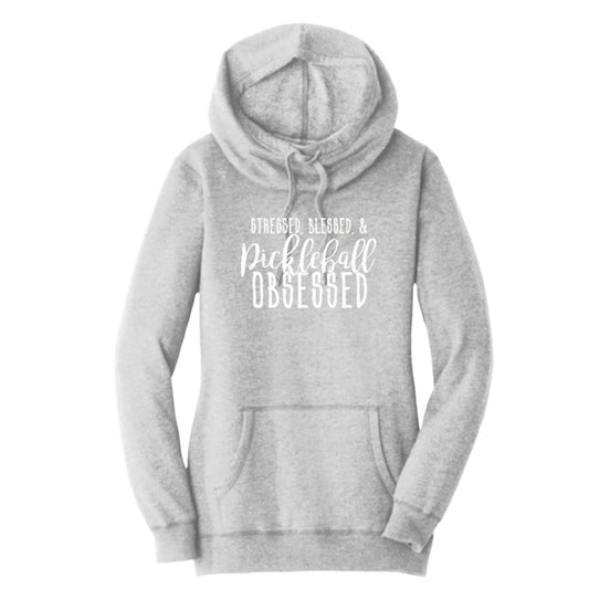 Stressed Blessed Pickleball Obsessed | Women’s Cowl-Neck Hoodie Pickleball Sweatshirt | 55% Cotton 45% Poly Fleece
