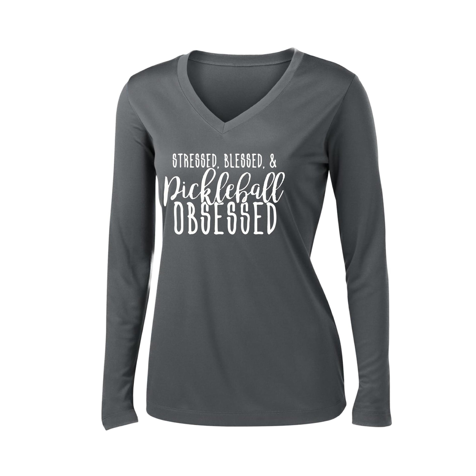 Stressed Blessed & Pickleball Obsessed | Women’s Long Sleeve V-Neck Pickleball Performance T-Shirt | 100% Polyester