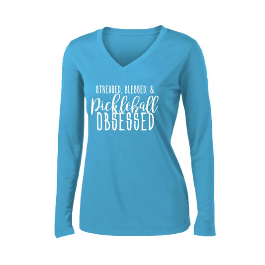 Stressed Blessed & Pickleball Obsessed | Women’s Long Sleeve V-Neck Pickleball Performance T-Shirt | 100% Polyester