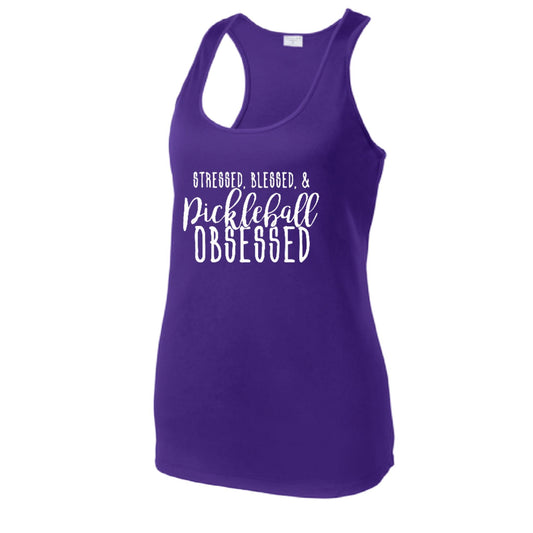 Stressed Blessed & Pickleball Obsessed | Women's Racerback Pickleball Tank | 100% Polyester