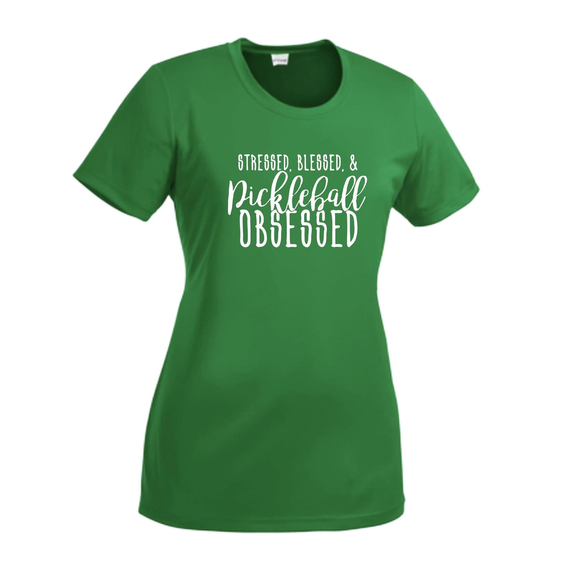 Stressed Blessed & Pickleball Obsessed | Women’s Short Sleeve Crewneck Pickleball Performance T-Shirts | 100% Polyester