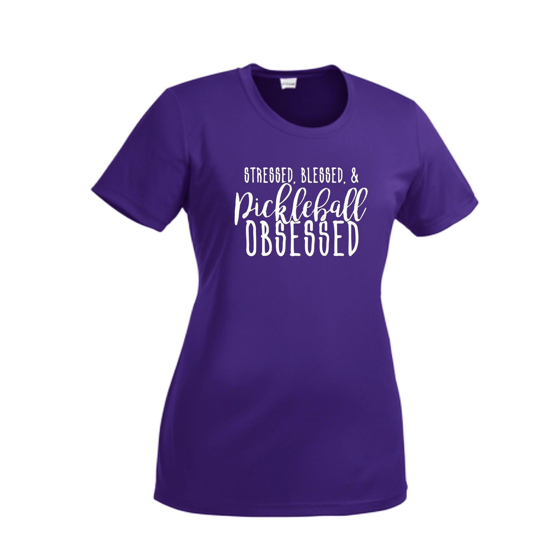 Stressed Blessed & Pickleball Obsessed | Women’s Short Sleeve Crewneck Pickleball Performance T-Shirts | 100% Polyester