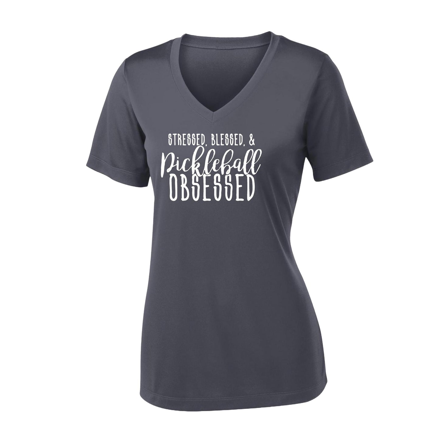 Stressed Blessed & Pickleball Obsessed | Women's Short Sleeve V-Neck Pickleball Performance T-Shirts | 100% Polyester