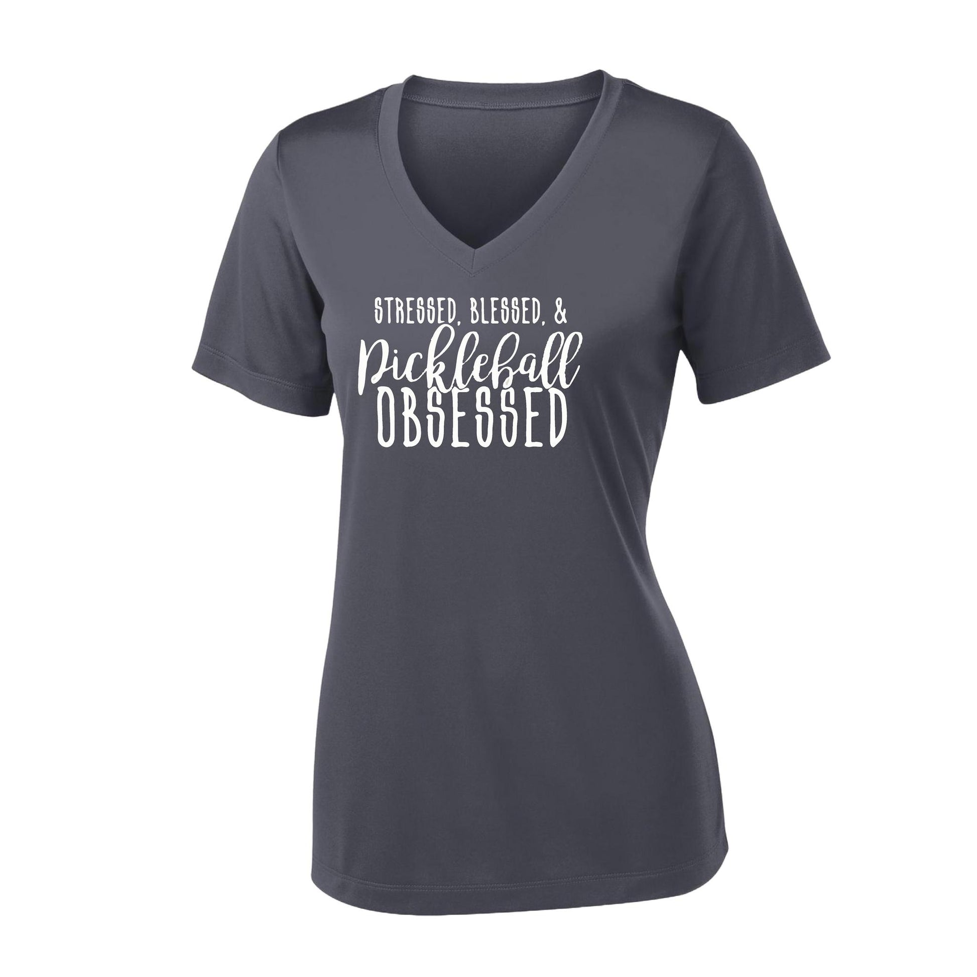 Stressed Blessed & Pickleball Obsessed | Women's Short Sleeve V-Neck Pickleball Performance T-Shirts | 100% Polyester