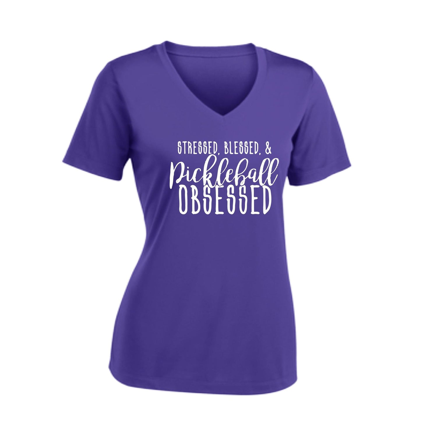 Stressed Blessed & Pickleball Obsessed | Women's Short Sleeve V-Neck Pickleball Performance T-Shirts | 100% Polyester