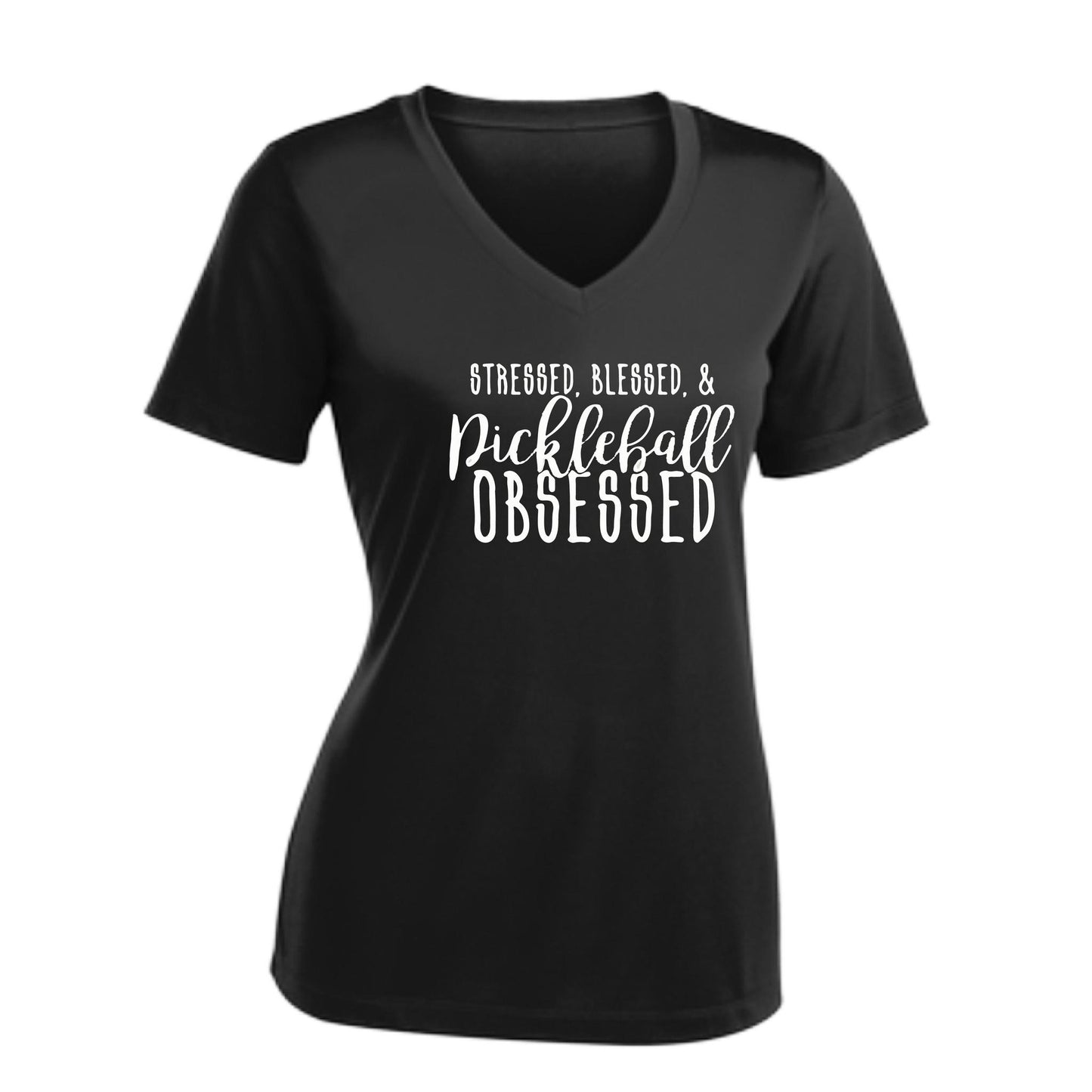 Stressed Blessed & Pickleball Obsessed | Women's Short Sleeve V-Neck Pickleball Performance T-Shirts | 100% Polyester