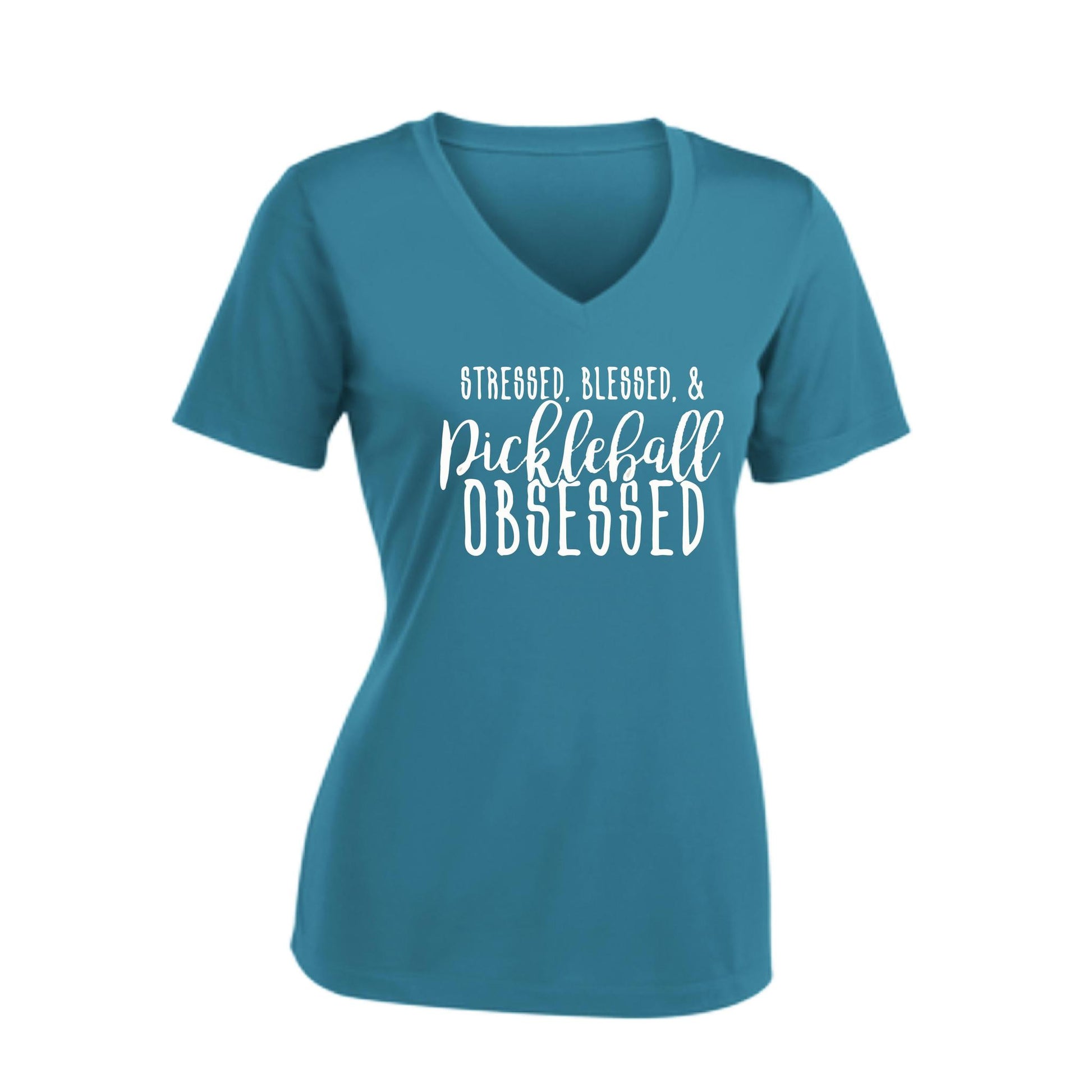 Stressed Blessed & Pickleball Obsessed | Women's Short Sleeve V-Neck Pickleball Performance T-Shirts | 100% Polyester